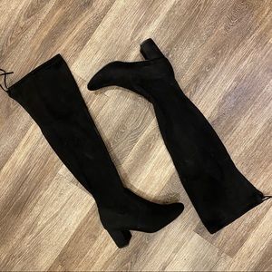 Buckle black thigh high heeled boots